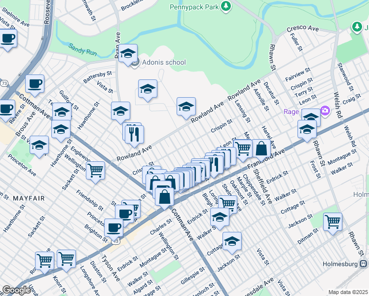 map of restaurants, bars, coffee shops, grocery stores, and more near 3400 Vista Street in Philadelphia
