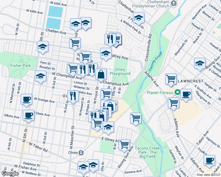 map of restaurants, bars, coffee shops, grocery stores, and more near 5935 A Street in Philadelphia