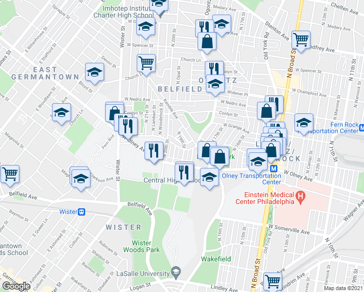map of restaurants, bars, coffee shops, grocery stores, and more near 5720 North 19th Street in Philadelphia