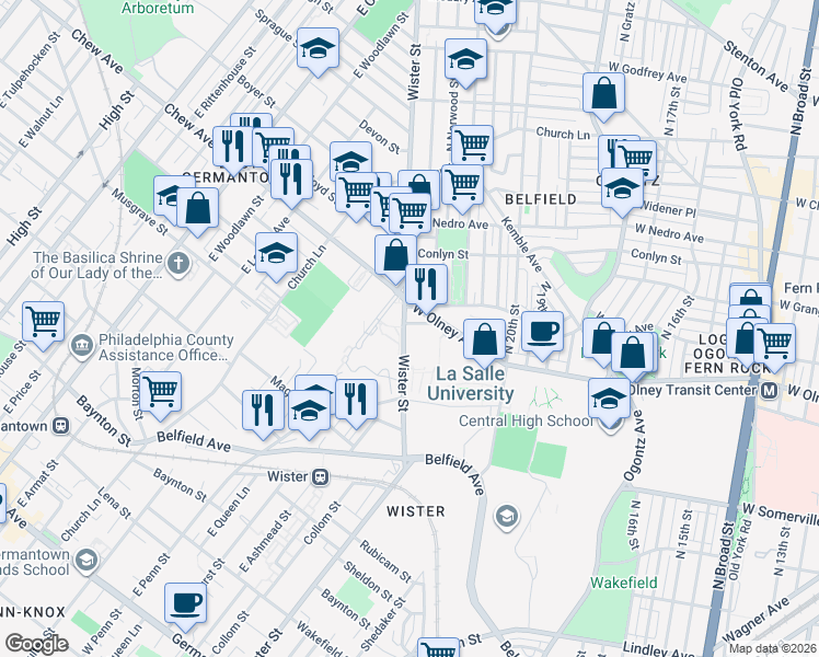 map of restaurants, bars, coffee shops, grocery stores, and more near 2145 Elkins Avenue in Philadelphia