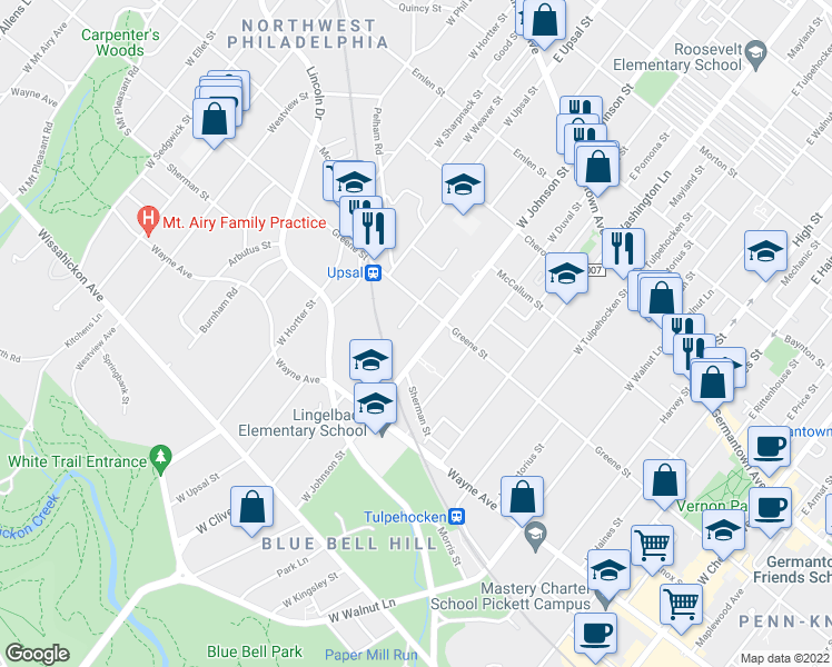 map of restaurants, bars, coffee shops, grocery stores, and more near 331 West Cliveden Street in Philadelphia