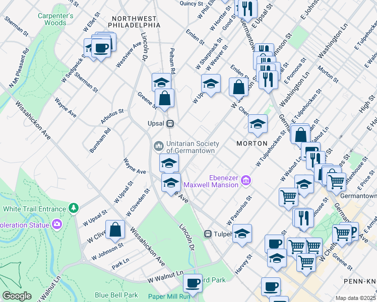 map of restaurants, bars, coffee shops, grocery stores, and more near 331 West Cliveden Street in Philadelphia