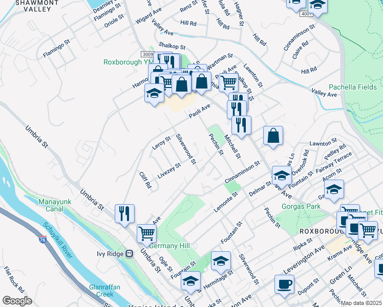 map of restaurants, bars, coffee shops, grocery stores, and more near 400 Livezey Street in Philadelphia