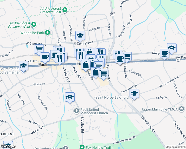 map of restaurants, bars, coffee shops, grocery stores, and more near 18 Paoli Shopping Center in Paoli