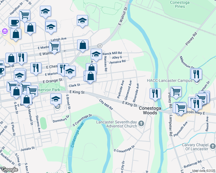 map of restaurants, bars, coffee shops, grocery stores, and more near 46 Cottage Avenue in Lancaster