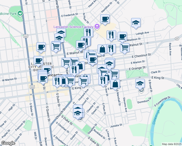 map of restaurants, bars, coffee shops, grocery stores, and more near 117 North Plum Street in Lancaster