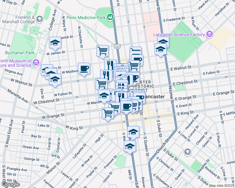 map of restaurants, bars, coffee shops, grocery stores, and more near 213 West Chestnut Street in Lancaster