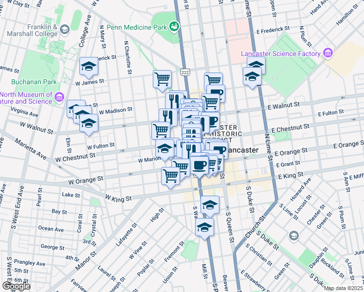 map of restaurants, bars, coffee shops, grocery stores, and more near 213 West Chestnut Street in Lancaster