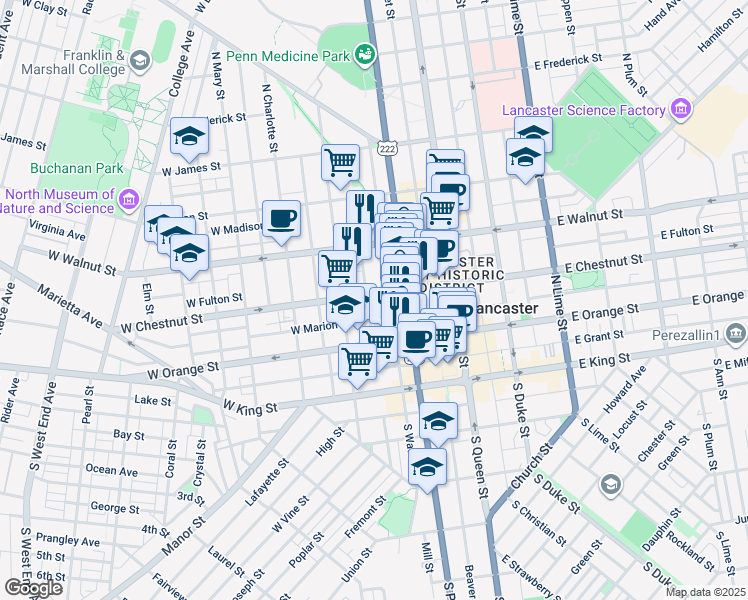 map of restaurants, bars, coffee shops, grocery stores, and more near 213 West Chestnut Street in Lancaster