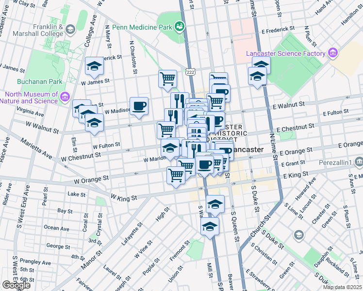 map of restaurants, bars, coffee shops, grocery stores, and more near 213 West Chestnut Street in Lancaster