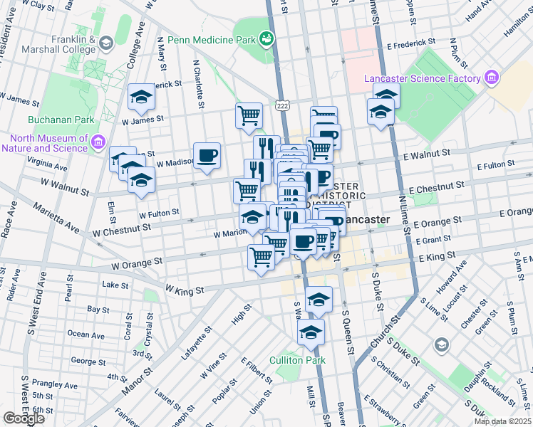 map of restaurants, bars, coffee shops, grocery stores, and more near 213 West Chestnut Street in Lancaster