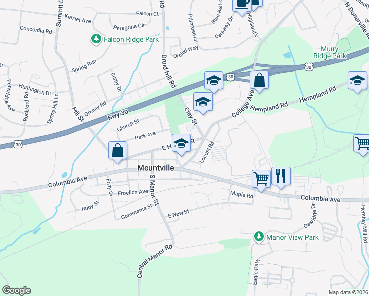 map of restaurants, bars, coffee shops, grocery stores, and more near in Mountville