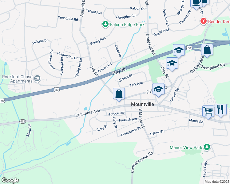 map of restaurants, bars, coffee shops, grocery stores, and more near 129 Hill Street in Mountville