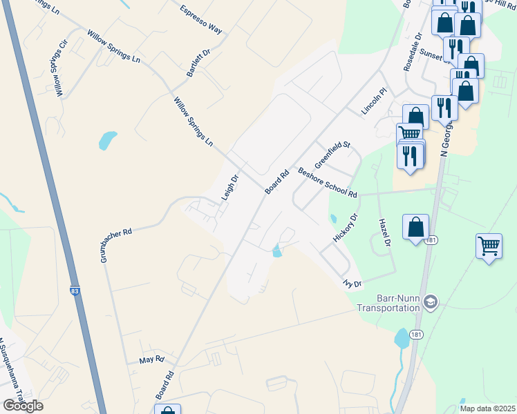 map of restaurants, bars, coffee shops, grocery stores, and more near 3901 Board Road in York