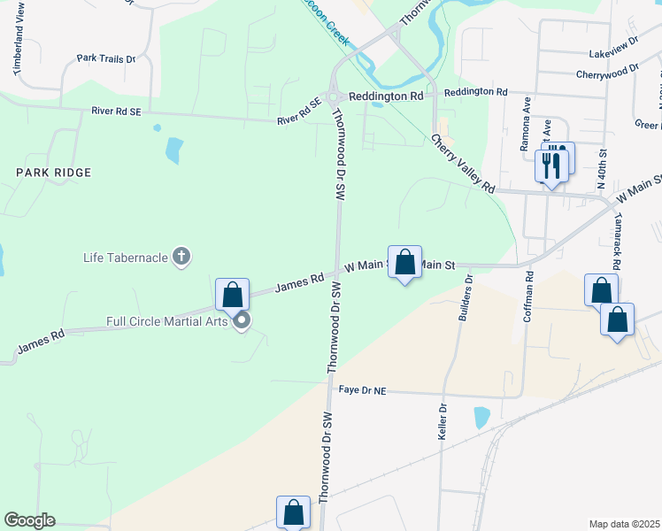 map of restaurants, bars, coffee shops, grocery stores, and more near 435 Thornwood Drive Southwest in Newark