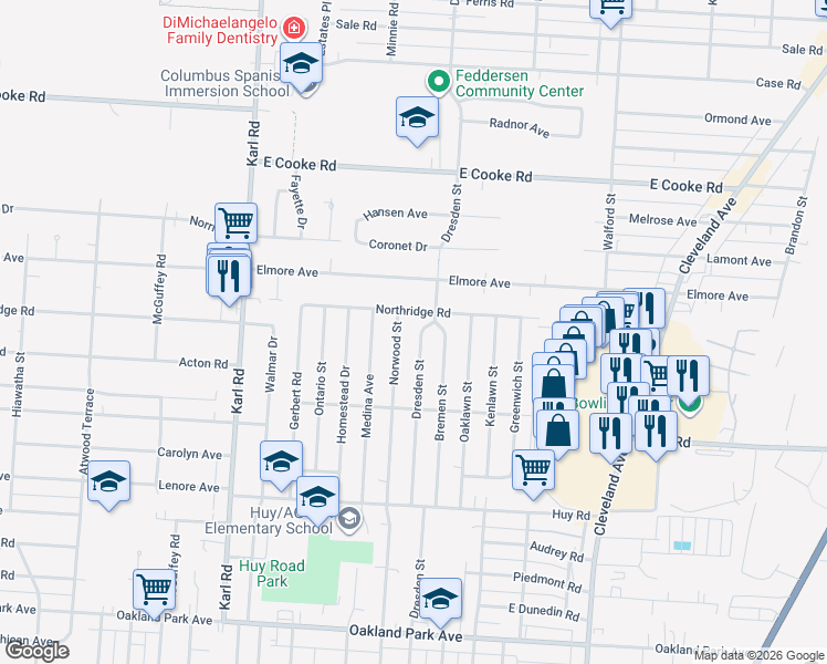 map of restaurants, bars, coffee shops, grocery stores, and more near 1647 Northridge Road in Columbus