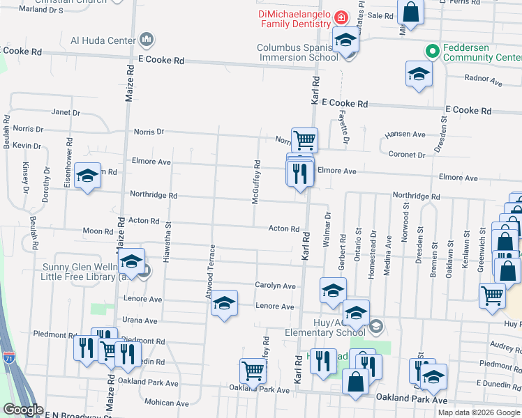 map of restaurants, bars, coffee shops, grocery stores, and more near 1316 Northridge Road in Columbus