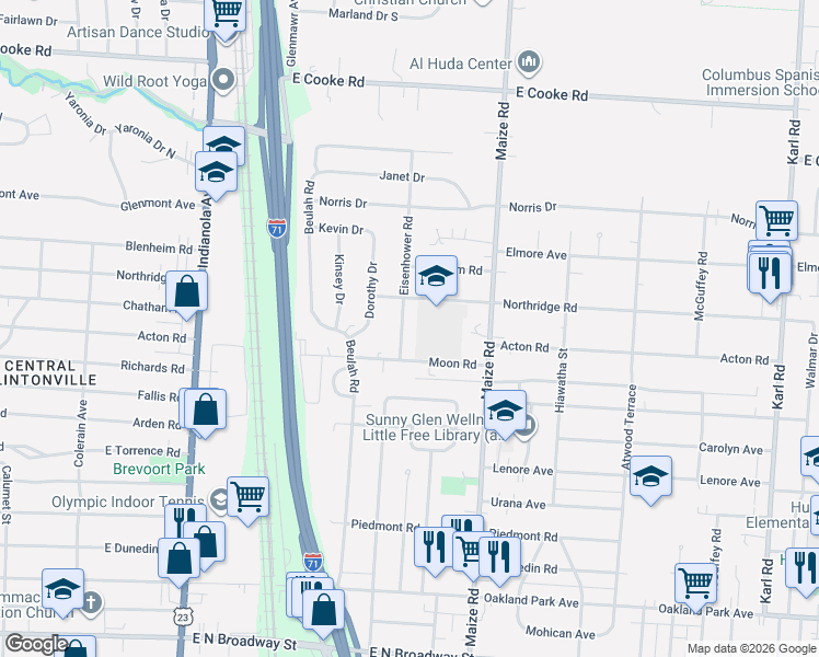 map of restaurants, bars, coffee shops, grocery stores, and more near 3716 Eisenhower Road in Columbus