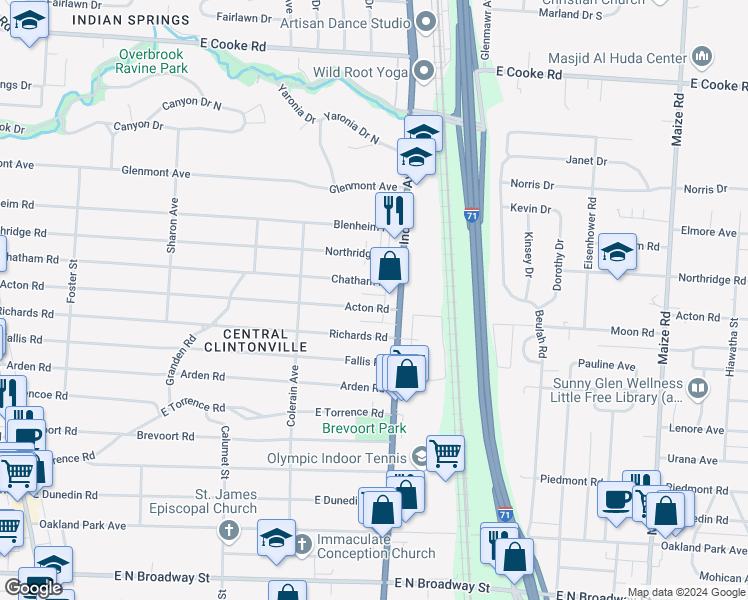 map of restaurants, bars, coffee shops, grocery stores, and more near 619 Chatham Road in Columbus
