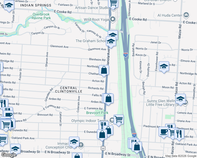 map of restaurants, bars, coffee shops, grocery stores, and more near 619 Chatham Road in Columbus