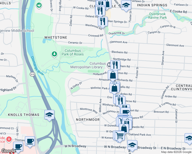 map of restaurants, bars, coffee shops, grocery stores, and more near 130 Amazon Place in Columbus