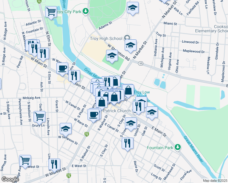 map of restaurants, bars, coffee shops, grocery stores, and more near 104 North Market Street in Troy