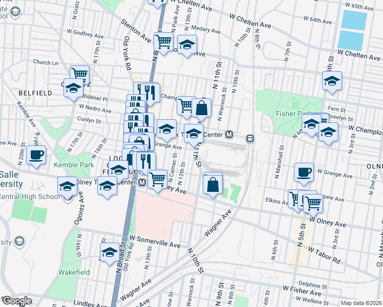 map of restaurants, bars, coffee shops, grocery stores, and more near 5800 North Marvine Street in Philadelphia
