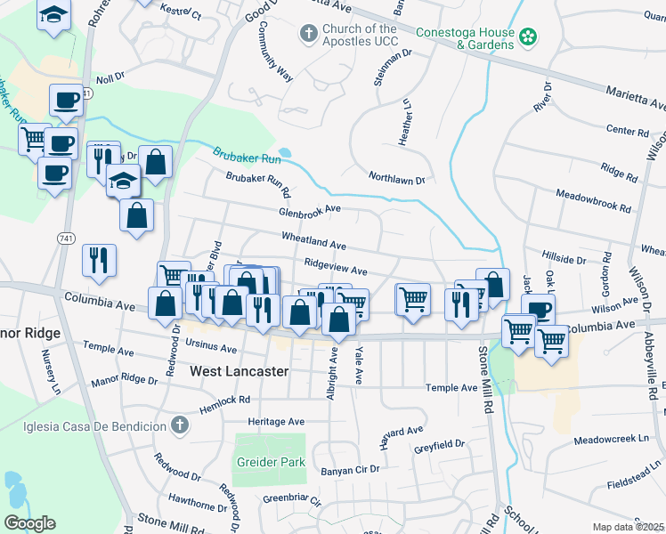 map of restaurants, bars, coffee shops, grocery stores, and more near 199 Wellesley Avenue in Lancaster