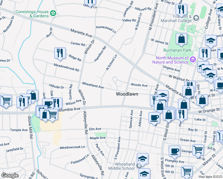 map of restaurants, bars, coffee shops, grocery stores, and more near 1115 Wheatland Avenue in Lancaster
