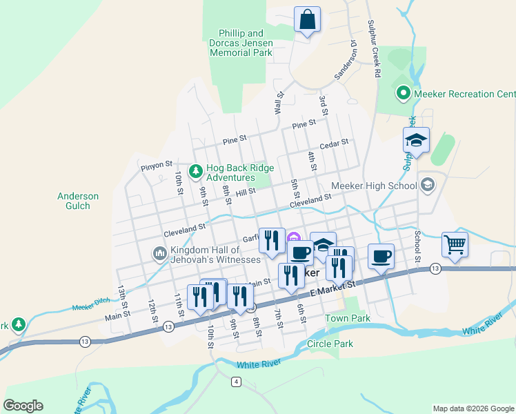 map of restaurants, bars, coffee shops, grocery stores, and more near 335 6th Street in Meeker