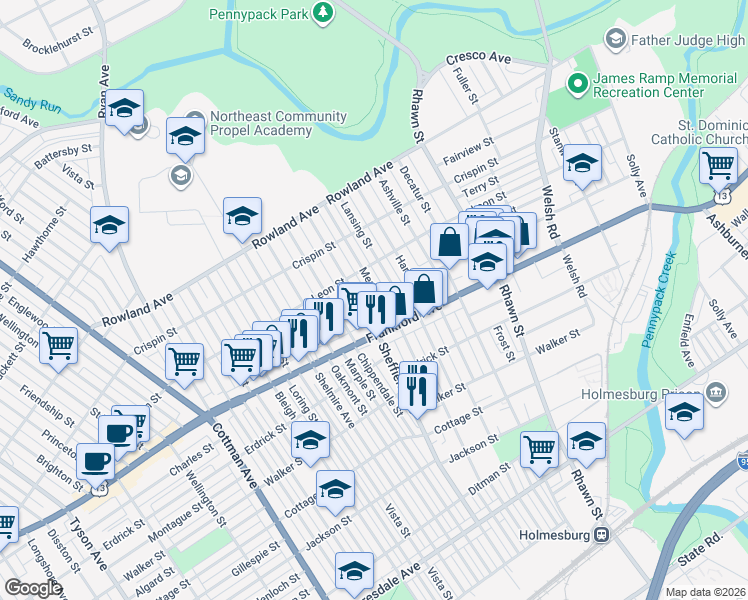map of restaurants, bars, coffee shops, grocery stores, and more near 3532 Lansing Street in Philadelphia