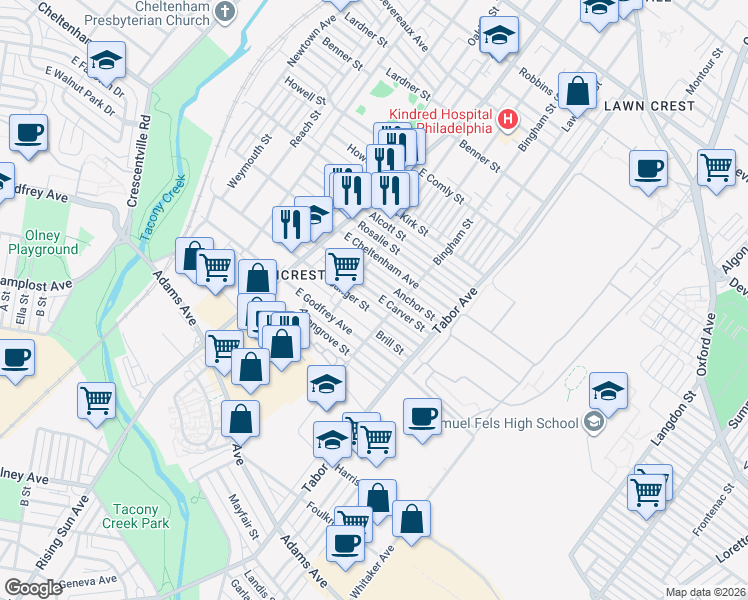map of restaurants, bars, coffee shops, grocery stores, and more near 576 Anchor Street in Philadelphia