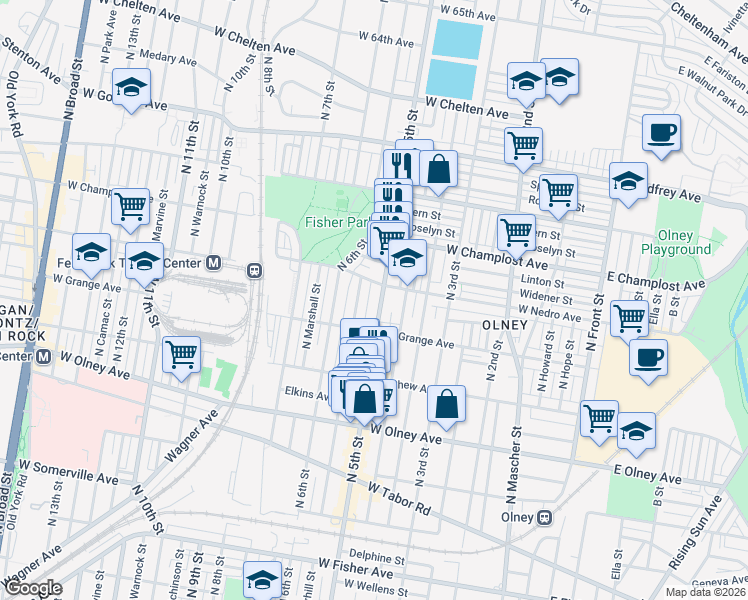map of restaurants, bars, coffee shops, grocery stores, and more near 5855 North Fairhill Street in Philadelphia