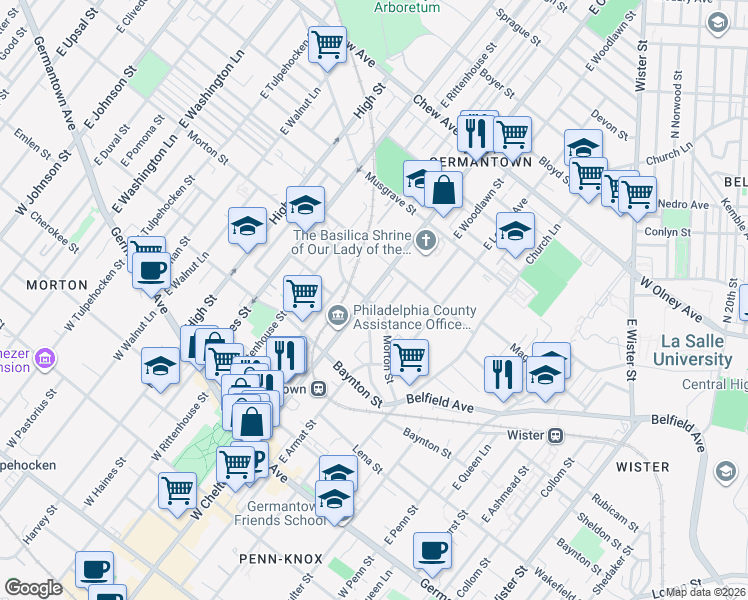 map of restaurants, bars, coffee shops, grocery stores, and more near 401 East Chelten Avenue in Philadelphia