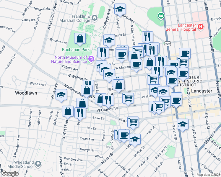 map of restaurants, bars, coffee shops, grocery stores, and more near 240 North Pine Street in Lancaster