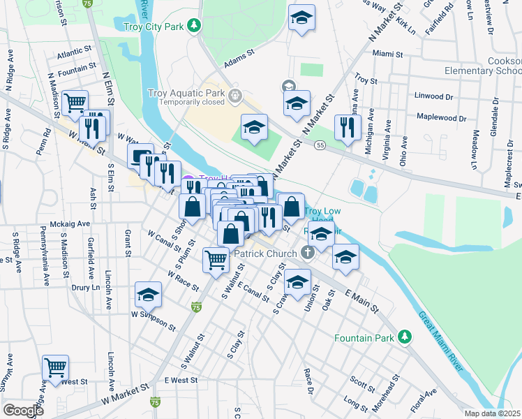 map of restaurants, bars, coffee shops, grocery stores, and more near 104 North Market Street in Troy