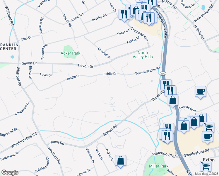 map of restaurants, bars, coffee shops, grocery stores, and more near 324 Biddle Drive in Exton