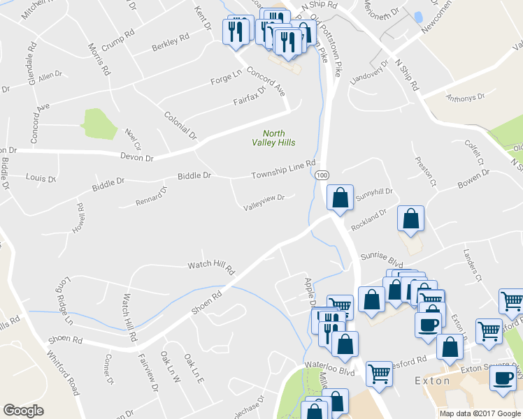 map of restaurants, bars, coffee shops, grocery stores, and more near 156 Valleyview Drive in Exton