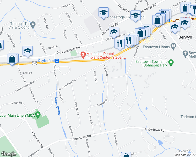 map of restaurants, bars, coffee shops, grocery stores, and more near 119 Cherry Lane in Berwyn
