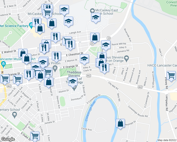 map of restaurants, bars, coffee shops, grocery stores, and more near 924 Clark Street in Lancaster