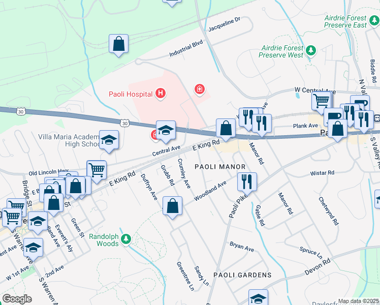 map of restaurants, bars, coffee shops, grocery stores, and more near 506 East King Road in Malvern