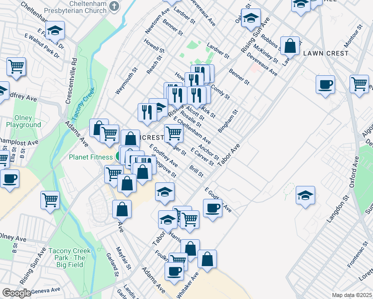 map of restaurants, bars, coffee shops, grocery stores, and more near 554 East Carver Street in Philadelphia