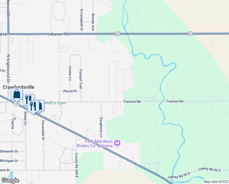 map of restaurants, bars, coffee shops, grocery stores, and more near 103 Bentley Drive in Crawfordsville