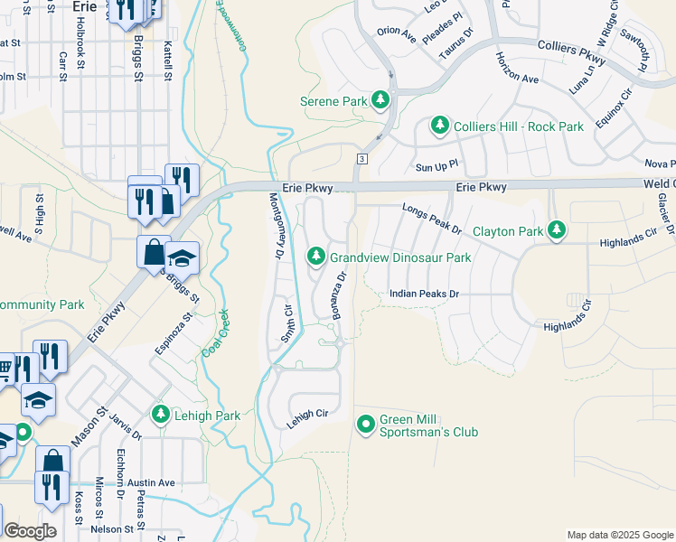 map of restaurants, bars, coffee shops, grocery stores, and more near 200 Bonanza Drive in Erie