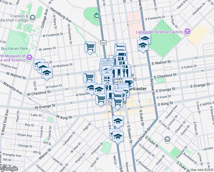 map of restaurants, bars, coffee shops, grocery stores, and more near 59 West Chestnut Street in Lancaster