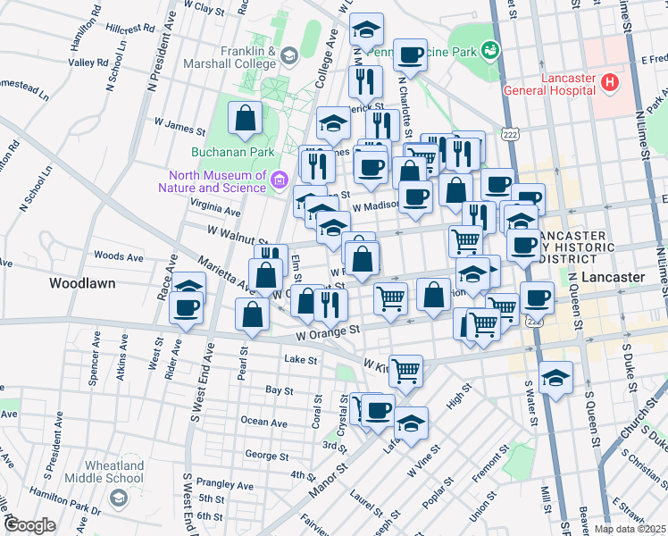 map of restaurants, bars, coffee shops, grocery stores, and more near 223 Nevin Street in Lancaster