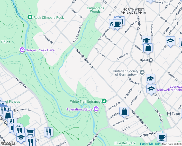map of restaurants, bars, coffee shops, grocery stores, and more near 1007 Kitchens Lane in Philadelphia