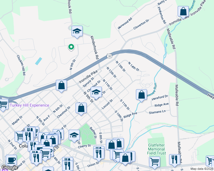 map of restaurants, bars, coffee shops, grocery stores, and more near 1053 Walnut Street in Columbia