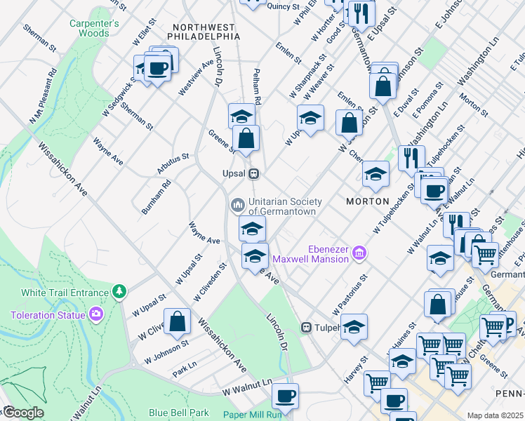 map of restaurants, bars, coffee shops, grocery stores, and more near 339 West Cliveden Street in Philadelphia