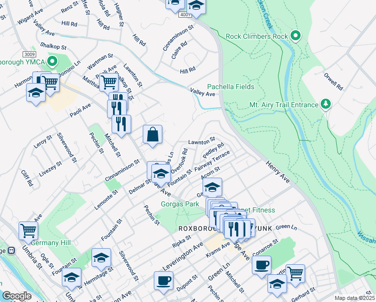 map of restaurants, bars, coffee shops, grocery stores, and more near 561 Overlook Road in Philadelphia